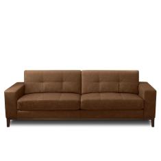 Sofá Decorativo Bruno 3 Lugares Sala De Estar 210cm Pés Em Madeira Couro Marrom Claro Manchado