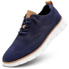 Sapatos sociais casuais masculinos moda tênis de caminhada malha oxford trabalho leve sola macia, Azul escuro, 10