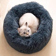 Cama de gato donut, camas de cachorro de pelúcia falsa para cães médios e pequenos - travesseiro redondo interno auto-aquecimento aconchego cama de gato lavável diâmetro 40 cm
