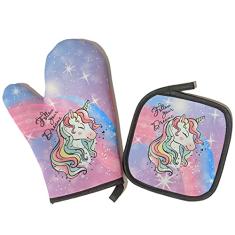 Kit Luva Térmica de Forno Unicórnio Sonhos Cozinha Geek cor:Rosa