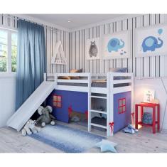 Cama Alta Kids com Escorregador e Tenda em Madeira Maciça/mdf Branco/Azul
