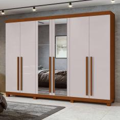 Guarda-roupa 6 Portas 4 Gavetas Bertha com Espelho e com Pés Frassino/Off White