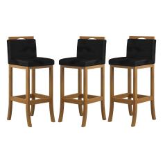 Kit 3 Banquetas Alta de Madeira para Bancada Gourmet Suede Preto