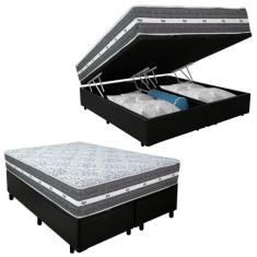 Cama Box Baú Casal Bipartido Sintético + Colchão Anjos Black Graphite 