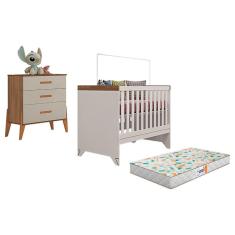 Berço Americano Retro Maya e Cômoda Gaveteiro Emilly Off White Carvalho com Colchão Gazin - Canaã