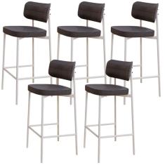 Kit 05 Banquetas Alta Bar Cozinha Sala De Jantar Aço Branco Kaira C01 Linho Preto - Lyam Decor