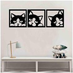 Kit 3 Quadros Decorativos Gato 3Mm Vazado Preto - Mdf