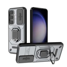 SORAKA Capa para Samsung Galaxy S24 com suporte para anel e tampa deslizante para câmera Capa Samsung Galaxy S24 com placa de metal para suporte magnético para carro Capa de camada dupla em PC e TPU