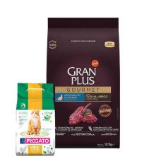 Ração Gran Plus Gourmet Gatos Adultos Castrados Ovelha e Arroz 10,1kg + Areia Biodegradável