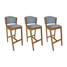 Kit 3 Banquetas Alta de Madeira Maciça Cerejeira Premium Ana com Encosto Linho Cinza