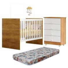 Quarto de Bebê com Berço com Colchão Suporte Life e Cômoda de Bebê 100
