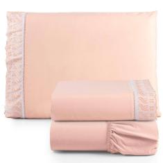 Jogo De Lençol Solteiro 3 Peças Basic Percal 180 Fios Lese Bordado Inglês - Rosê