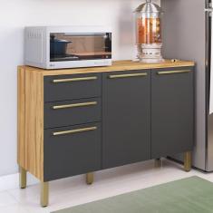 Balcão de Cozinha 120cm com 3 Portas 2 Gavetas e Tampo 100% Mdf Itália Amêndoa/Cinza