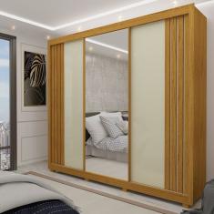 Guarda-roupa Casal 3 Portas Com Espelho Com Pés Santorini Ripado Naturale-ripado Naturale-off White