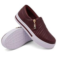 Tênis Slip On Sola Baixa Calce Fácil Feminino Com Zíper Lateral Leve e