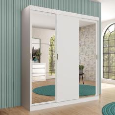 Guarda Roupa Casal Marvin 3 Portas de Correr 4 Gavetas MDP com Espelho Branco Móveis Carraro