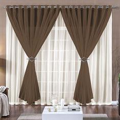 Cortina Mel para Trilho Suisso Tecido Voal 3,00m x 2,80m Sala Quarto - Palha e Tabaco