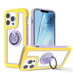 360 Capa protetora de telefone de camada dupla de corpo inteiro para iPhone 13 12 11 14 Pro Max XS 7 8 Plus Capa transparente com suporte para anel de dedo, amarelo roxo, para iPhone 14pro