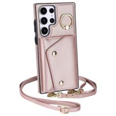 Capa de telefone carteira crossbody para Samsung Galaxy S21 FE S23 S22 Plus Note 20 Ultra A54 A53 A14 5G Slot para cartão capa de couro com cordão, ouro rosa, para Galaxy A14 (A14 5G)