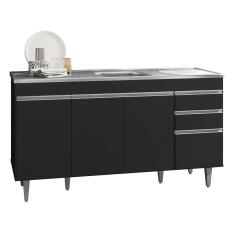 Balcão Gabinete Com Pia Inox 150cm 4 Portas 2 Gavetas Preto