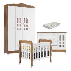 Quarto de Bebê New Selena 4 Portas com Berço Lila e Cômoda Gran Selena Branco Acetinado Amadeirado e Colchão Gazin – Carolina Móveis