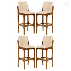 Kit 4 Banquetas Alta para Bancada Lisboa Madeira Imbuia Linho Bege M58 RMI