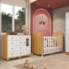 Quarto de Bebê Cômoda com 1 Porta Janelada e Berço com Rodízios 100% Mdf Lana Espresso Móveis Branco Brilho/Amêndoa