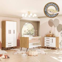 Quarto de Bebê Completo Qencanto Retrô Qmovi Freijó Branco Acetinado + Colchão Gazin