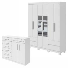 Conjunto de Guarda-Roupa 6 Portas 4 Gavetas Zeus com Espelho e com Pés e Cômoda Toronto Branco