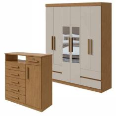 Conjunto de Guarda-Roupa 6 Portas 4 Gavetas Zeus com Espelho e Cômoda com Nicho Da Vinci Amêndoa Clean/Off White