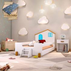Cama Infantil Solteiro Belissima Azul - Branco E Castanho Claro + Colchão