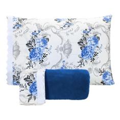 Jogo de Lençol King Manta Soft com Elástico 3 Peças- Flores Azul Escur
