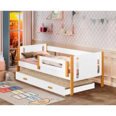 Cama De Solteiro Mirela Com Cama Auxiliar Branco/Mel Com Grade De Proteção - Cor: Branco