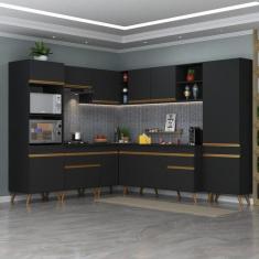 Armário Cozinha Completa de Canto Veneza Multimóveis V2047, Preto/Dour