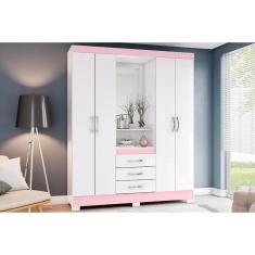Guarda Roupa Solteiro Briz B24 4 Portas de Bater 3 Gavetas MDF-MDP com Espelho Branco-Rosa Henn