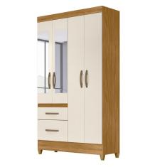 Guarda Roupa Solteiro Dalí M07 4 Portas de Bater 2 Gavetas MDP com Espelho Freijó-Off White Mpozenato