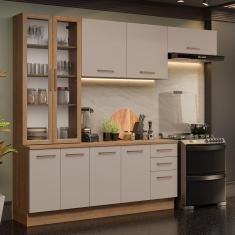Cozinha Completa Agata 7 Portas 3 Gavetas MDP 270cm Creme Rustic com Tampo e Puxadores em Alumínio