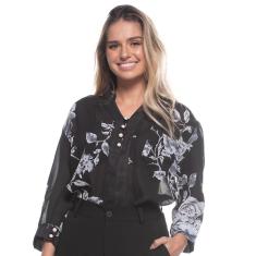 Blusa Feminina Delicada Estampa Florida Botões Pérola