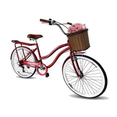Bicicleta feminina aro 26 com cesta tpo vime retrô 6 marchas
