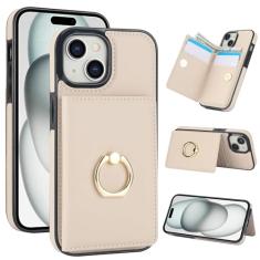 Capa carteira para iPhone 15 Plus com suporte para cartão, capa de couro com bloqueio RFID, suporte de anel giratório de 360° com fecho magnético à prova de choque para iPhone 15 Plus de 6,7 polegadas