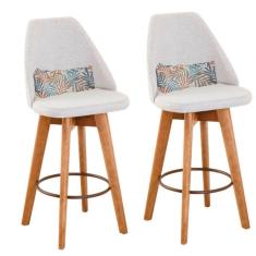 Kit 02 Banquetas Alta Maya Giratória Com Encosto Gourmet Linho Bege e Almofada Folhas - Aurora Line