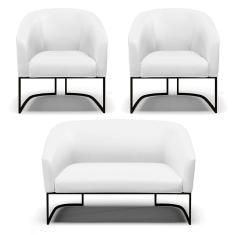 Sofá Namoradeira e 2 Poltronas Base Industrial Preto Stella Corino Branco D03 - D`Rossi