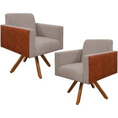 Kit 02 Poltronas Decorativa Base Giratória de Madeira Helô L02 Linho B