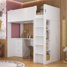 Cama Alta Infantil/Juvenil com Escrivaninha, Armário e Nichos Casatema Branco