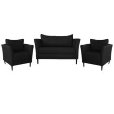 Conjunto Sofá 2 Lugares com 2 Poltronas Pés Palito Lubbock Couro Preto