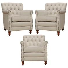 Kit 03 Poltronas Decorativas Sala de Estar Níger Pés Madeira Couro Off