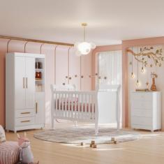 Quarto de Bebê Completo com Cômoda, Berço com Colchão e Guarda Roupas 