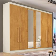 Guarda Roupa Casal Com Espelho 6 Portas 4 Gavetas - Oslo-off White-peroba - Made Marcs