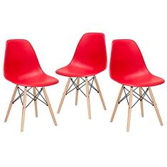 Loft7, Kit 3 Cadeiras Charles Eames Eiffel Dsw Com Pés De Madeira Clara Versátil Assento Em Polipropileno Sala De Jantar Cozinha Escritório Bar E, Vermelho