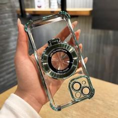 LOOBIVAL Capa com suporte magnético à prova de choque nos cantos para iPhone 15 14 13 12 Pro Max [compatível com MagSafe] [protetor de lente da câmera] Capa rígida com logotipo (verde, para iPhone 14